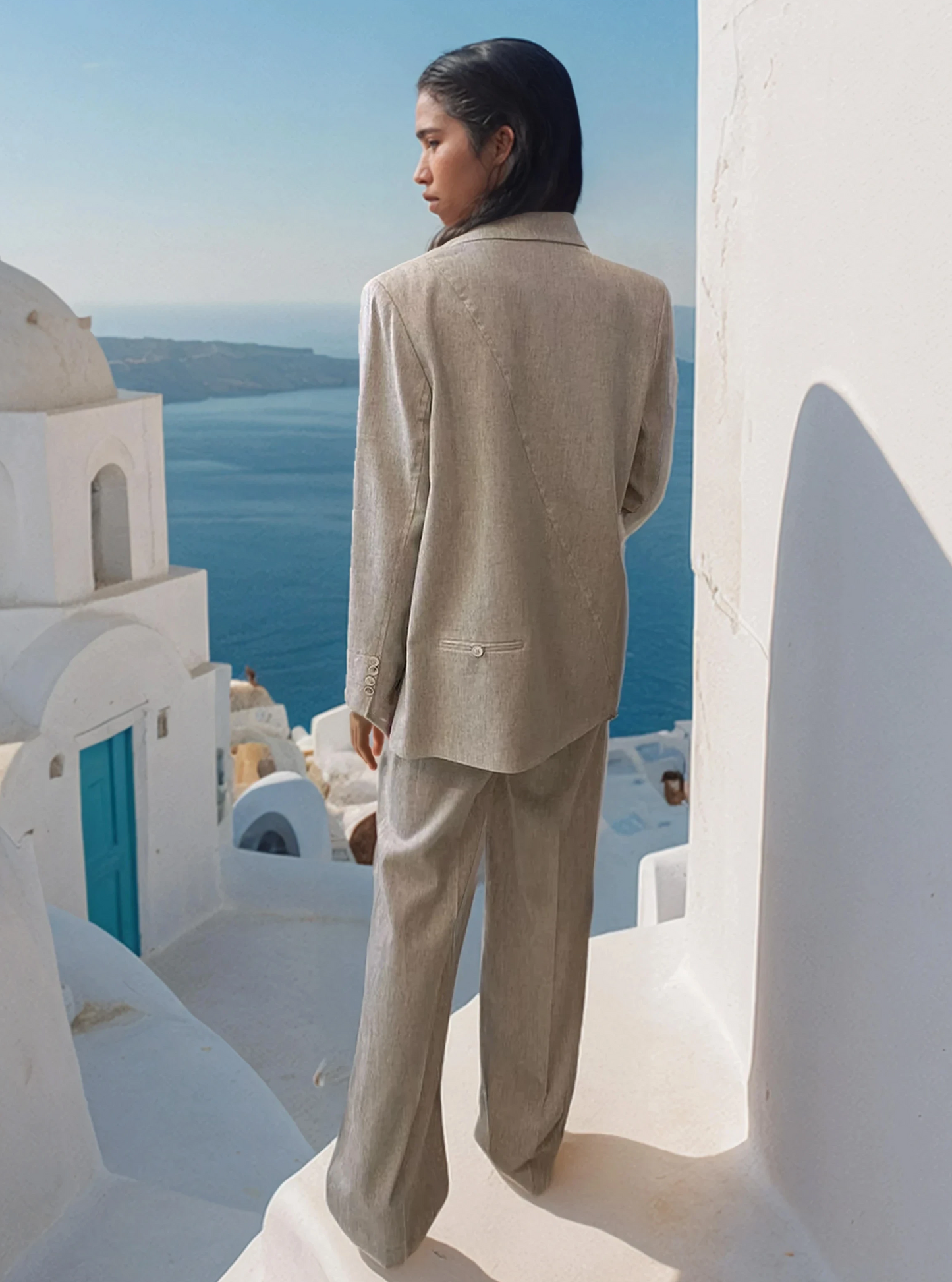 linen blazer set, Greek tailoring, summer co-ord, island chic, Santorini fashion, breathable linen suit, cotton-linen blend outfit