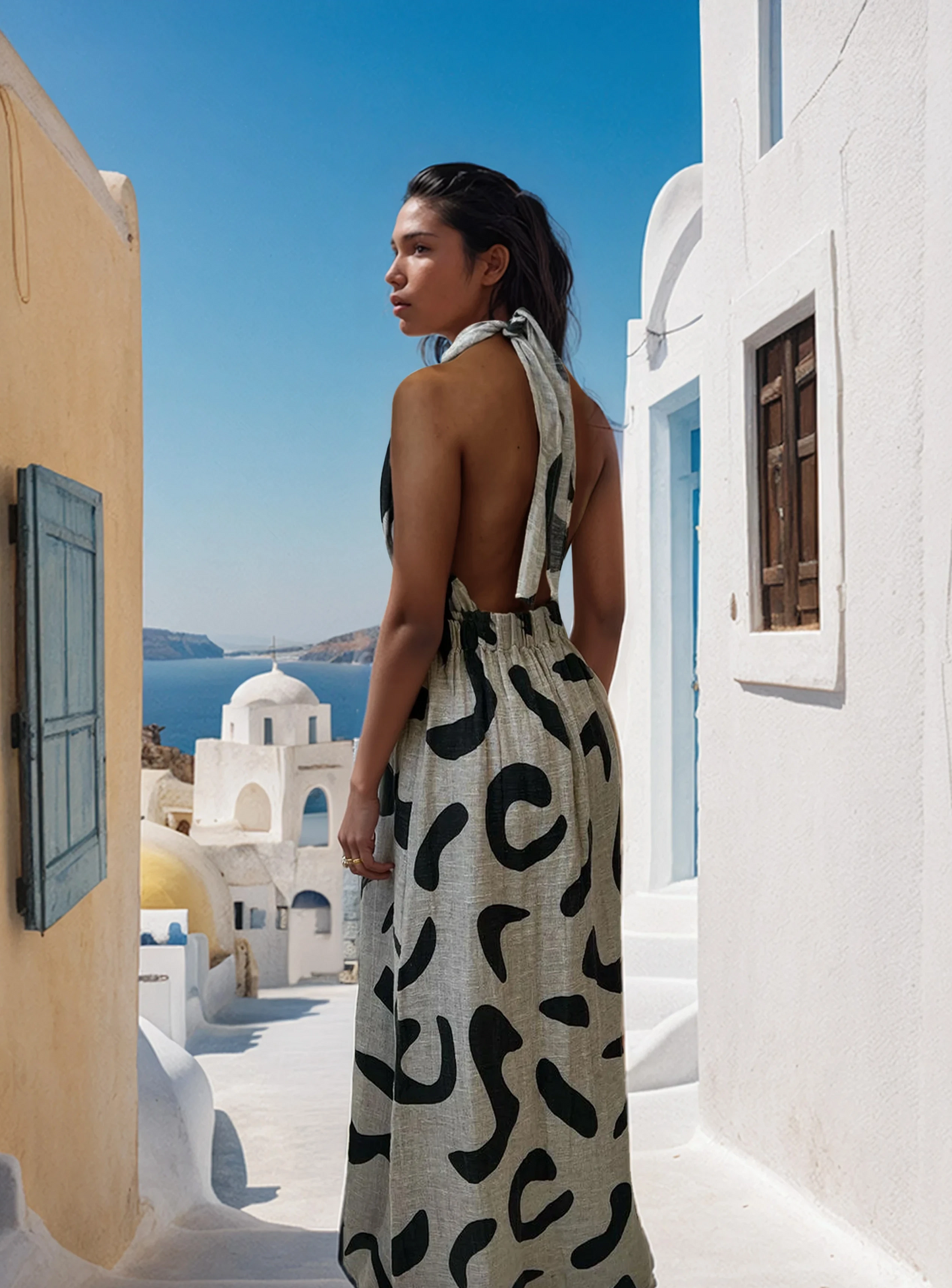 halter dress, cotton maxi dress, open back, vacation outfit, summer elegance, made in Greece, statement print, resort style, breathable fabric, slow fashion