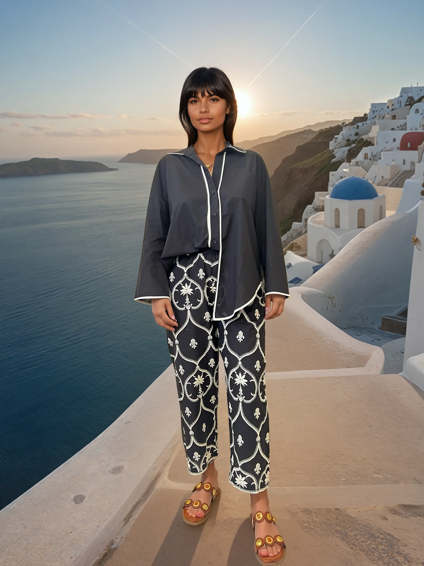 Woman wearing an embroidered black cotton set with long pants and a button-down shirt, photographed at sunset in Santorini.