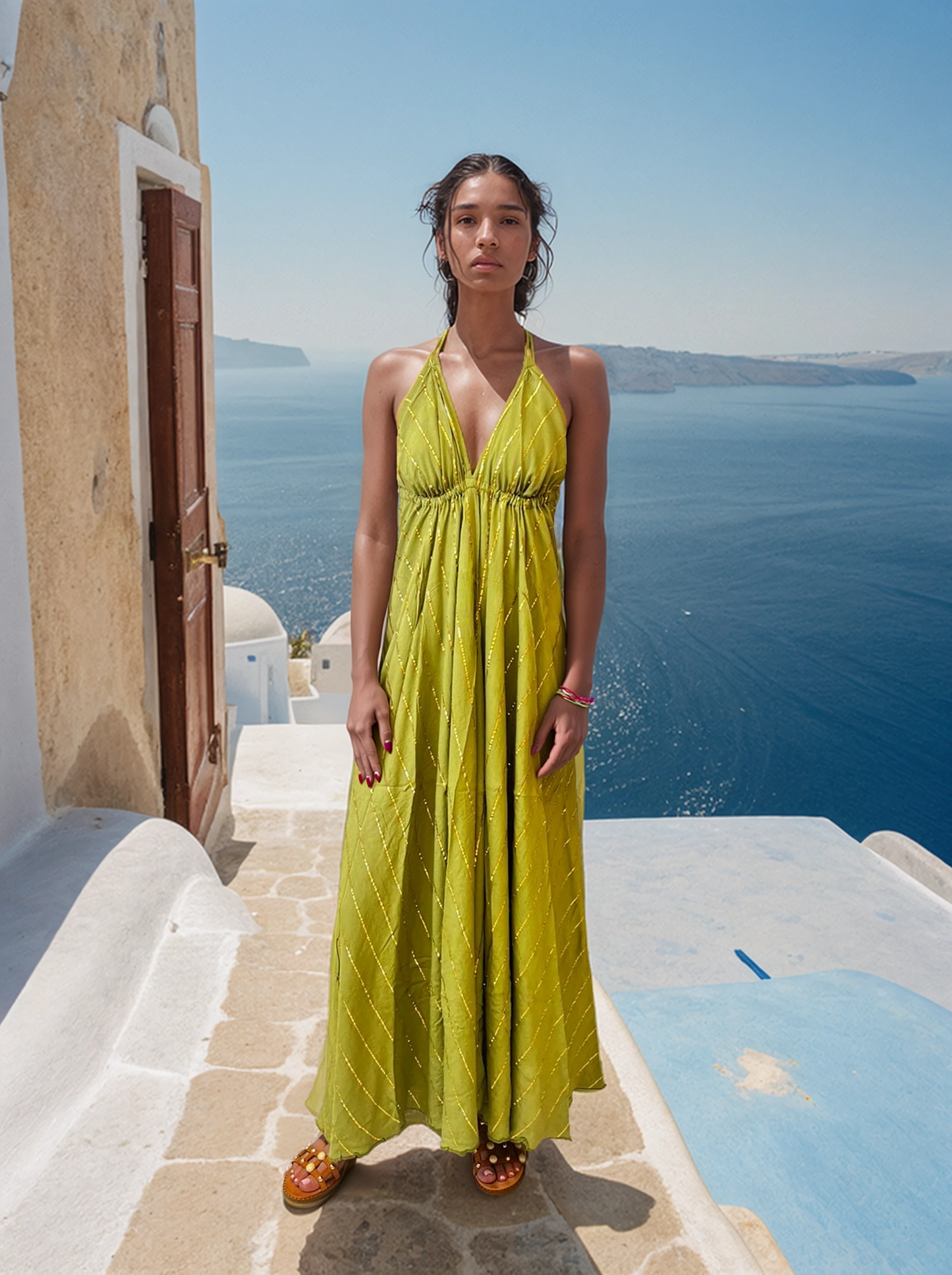 Model wearing a halter maxi dress with shimmering stripes, standing on a tropical beach with waves and palm trees in the background.