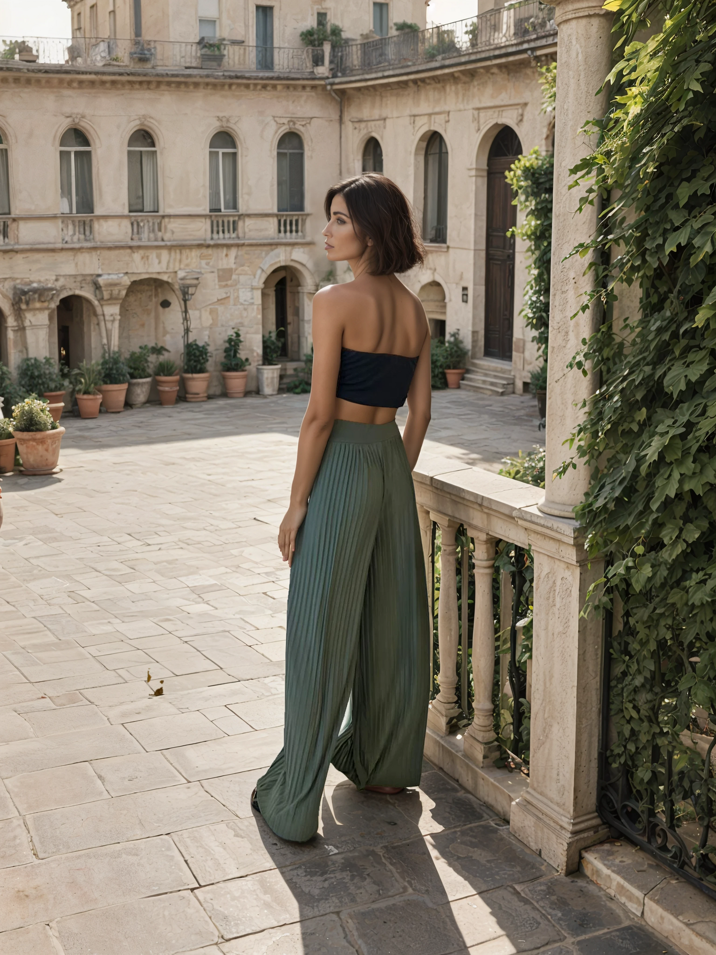 Model wearing high-waisted pleated palazzo pants with a bandeau top in a boutique setting.