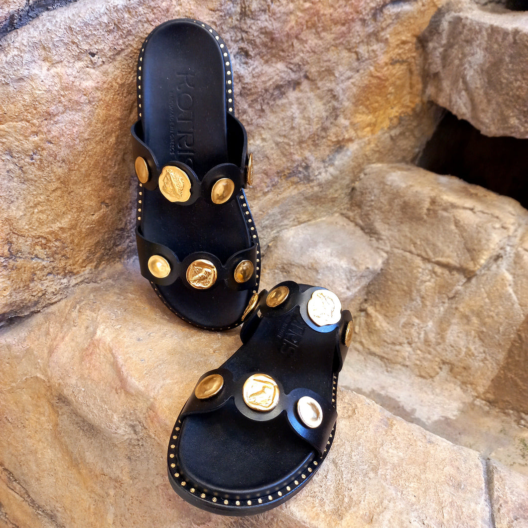 SLIDE SANDAL WITH GOLD-FINISH COINS DETAIL