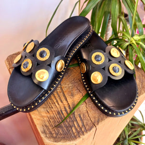 SLIDE SANDAL WITH COINS AND CERAMIC DETAIL