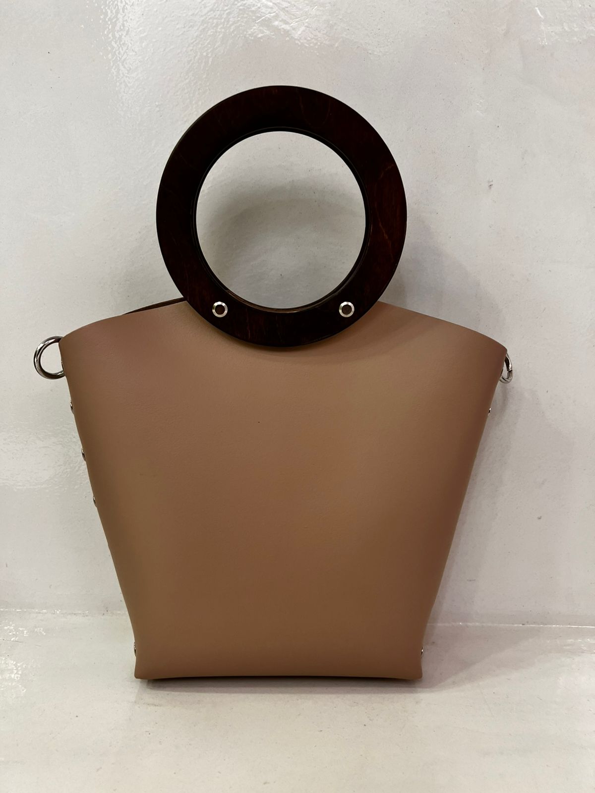 Minimal Sculptural Leather Bag with Wooden Handle
