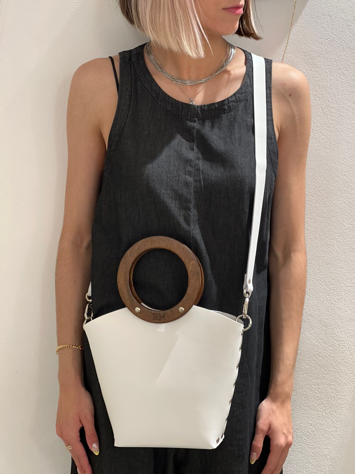 Minimal Sculptural Leather Bag with Wooden Handle