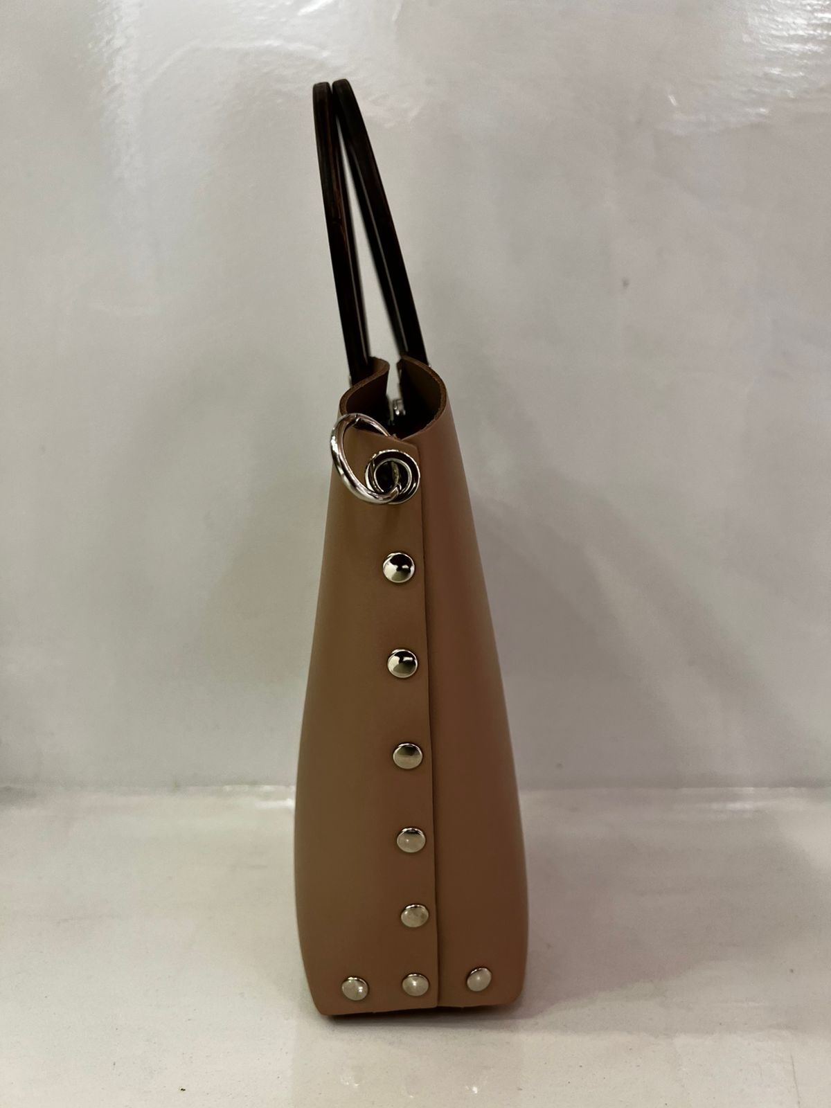 Minimal Sculptural Leather Bag with Wooden Handle