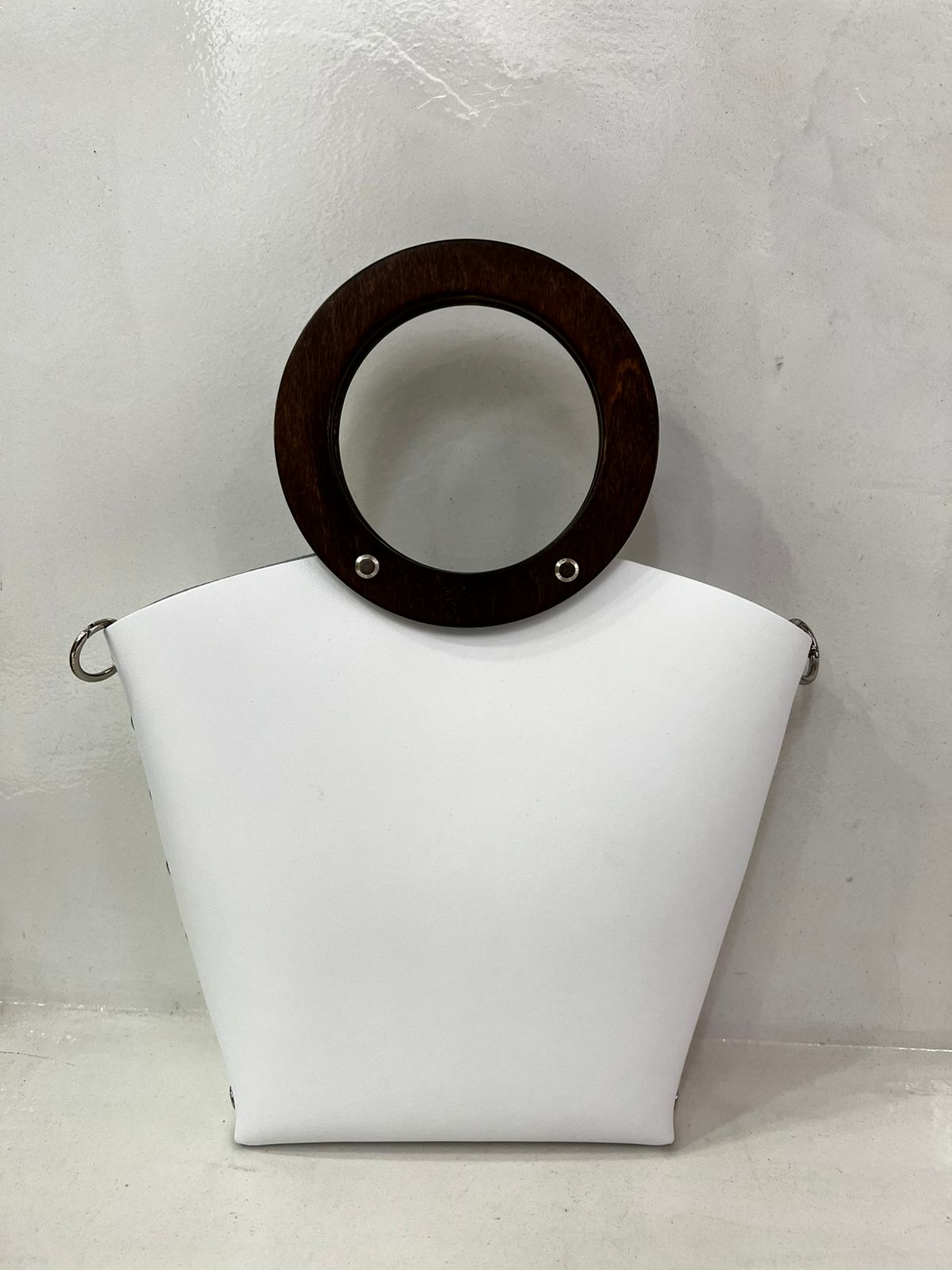 Minimal Sculptural Leather Bag with Wooden Handle