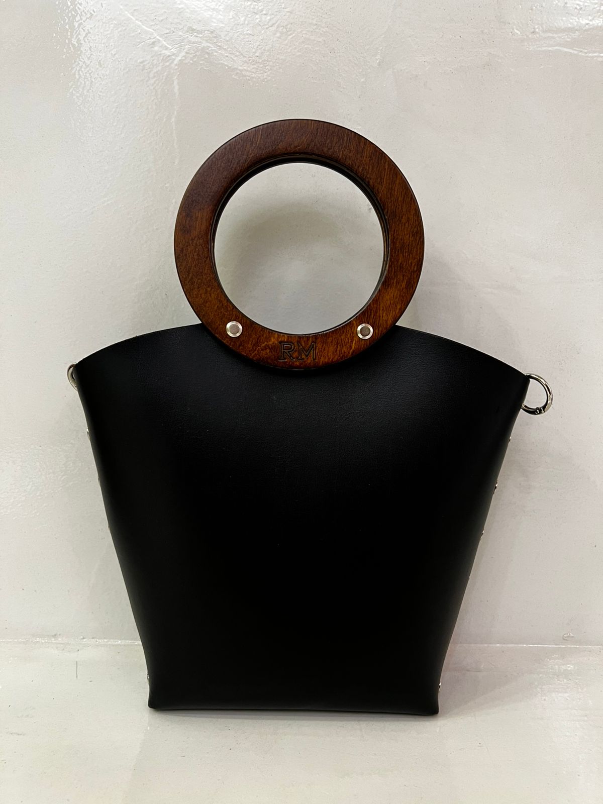 Minimal Sculptural Leather Bag with Wooden Handle