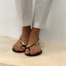 Load image into Gallery viewer, sandals,handmade,leather,santorini,boutique,gold,details,fashion,shoes,greece,greekdesigner

