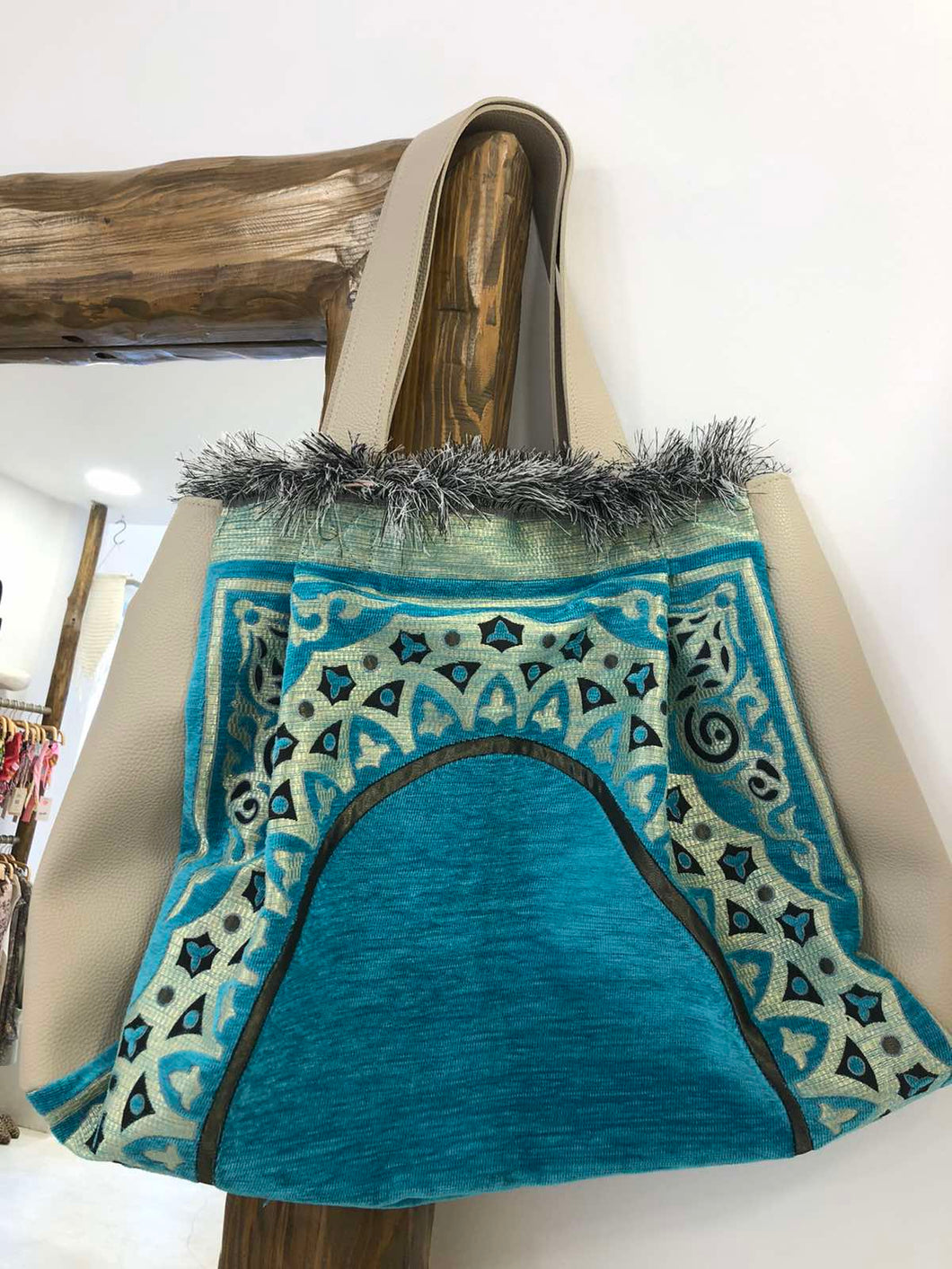 Beige & Turquoise Tote Bag